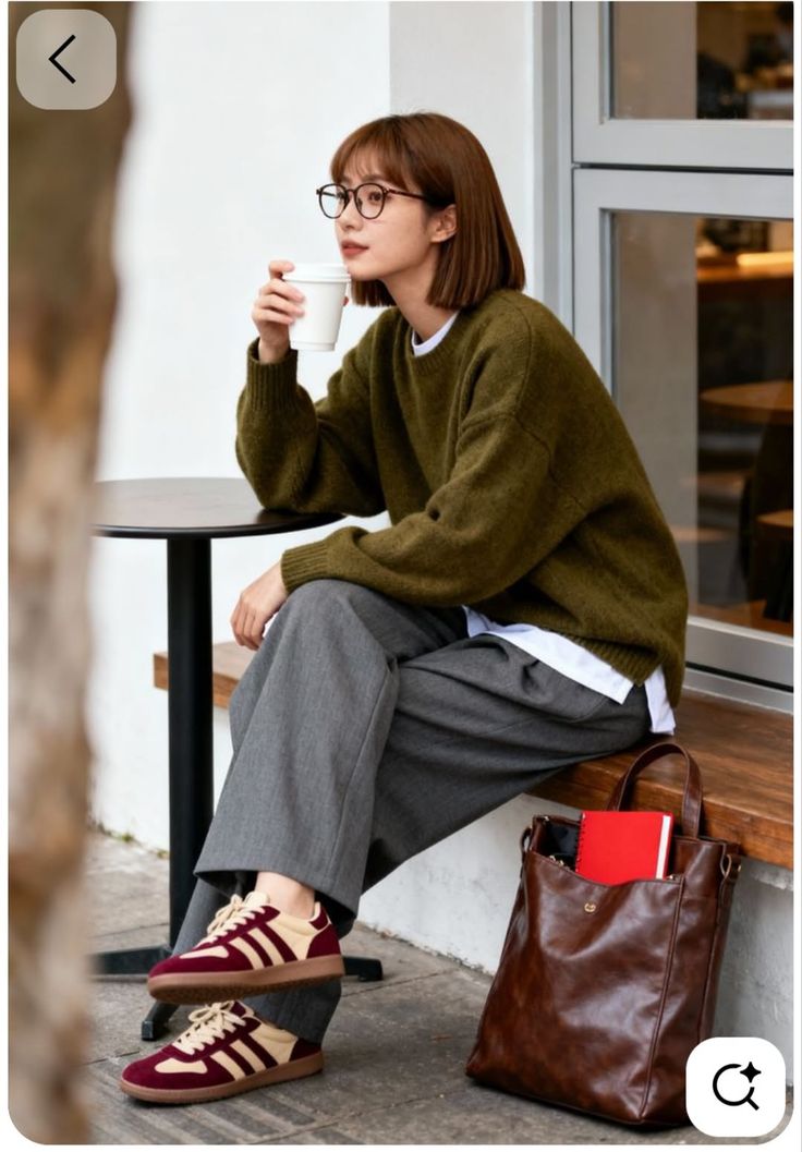 Woman with short hair and glasses sitting at an outdoor cafe with a coffee cup