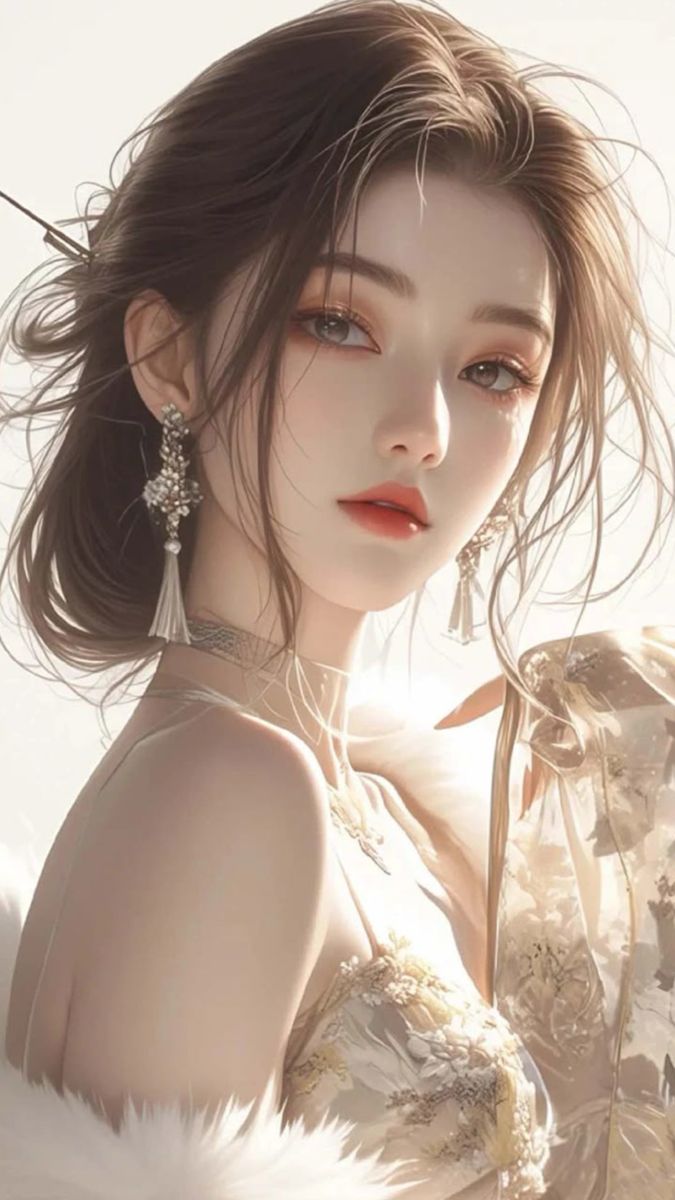 Woman with long hair and jewelry, wearing a light-colored dress with exposed shoulders