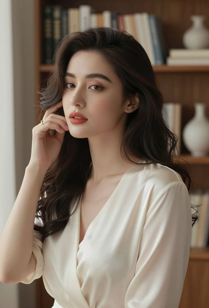 Woman with long wavy hair in a cream v-neck dress indoors