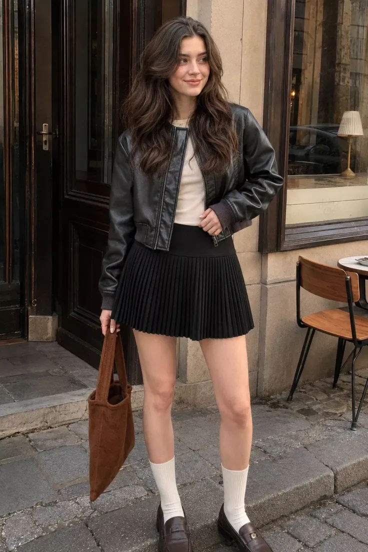 Woman in a black leather jacket and pleated skirt holding a brown tote bag on a street