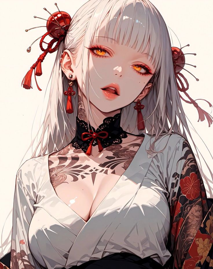 Anime style woman with white hair, red eyes, tattoos, and a kimono