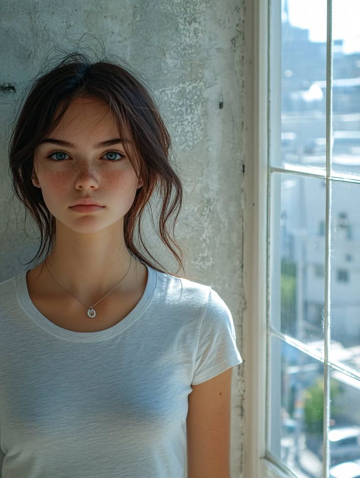 Young woman with blue eyes and freckles wearing a white t-shirt by a window