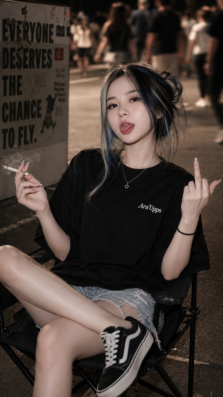 Woman with blue hair streaks sitting outdoors at night, holding a cigarette
