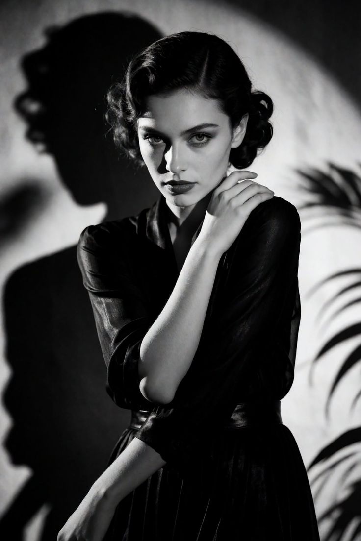 Woman with dark curly hair in a black dress with dramatic lighting and shadows