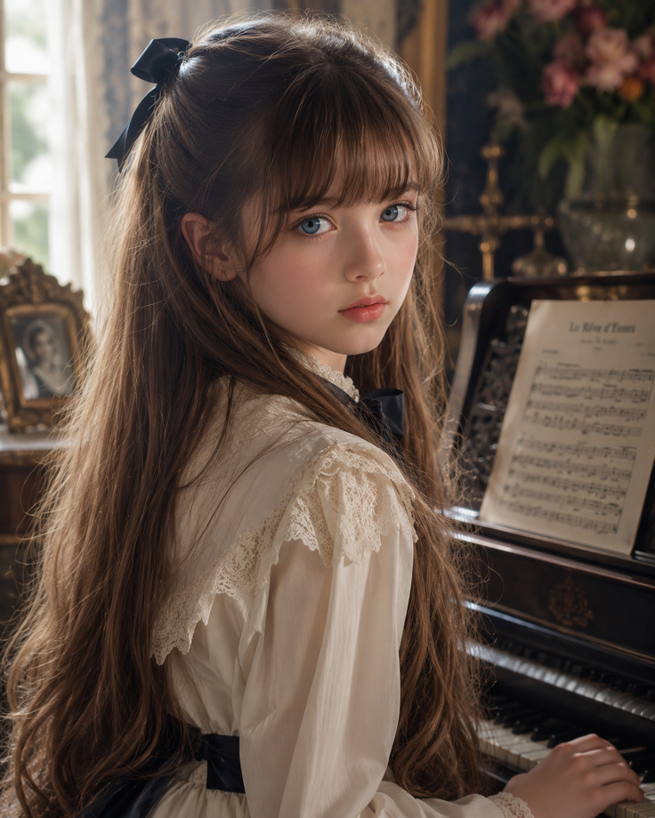 Young girl with long brown hair and blue eyes sitting at a piano