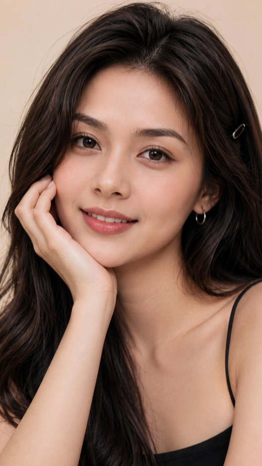 Woman with long dark hair and a black camisole, smiling and resting her chin on her hand