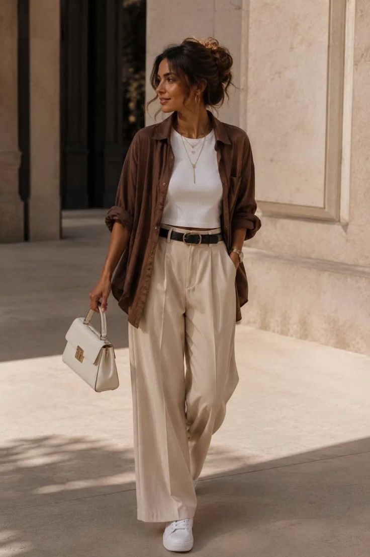 Woman in a brown shirt and wide leg pants holding a white handbag outdoors
