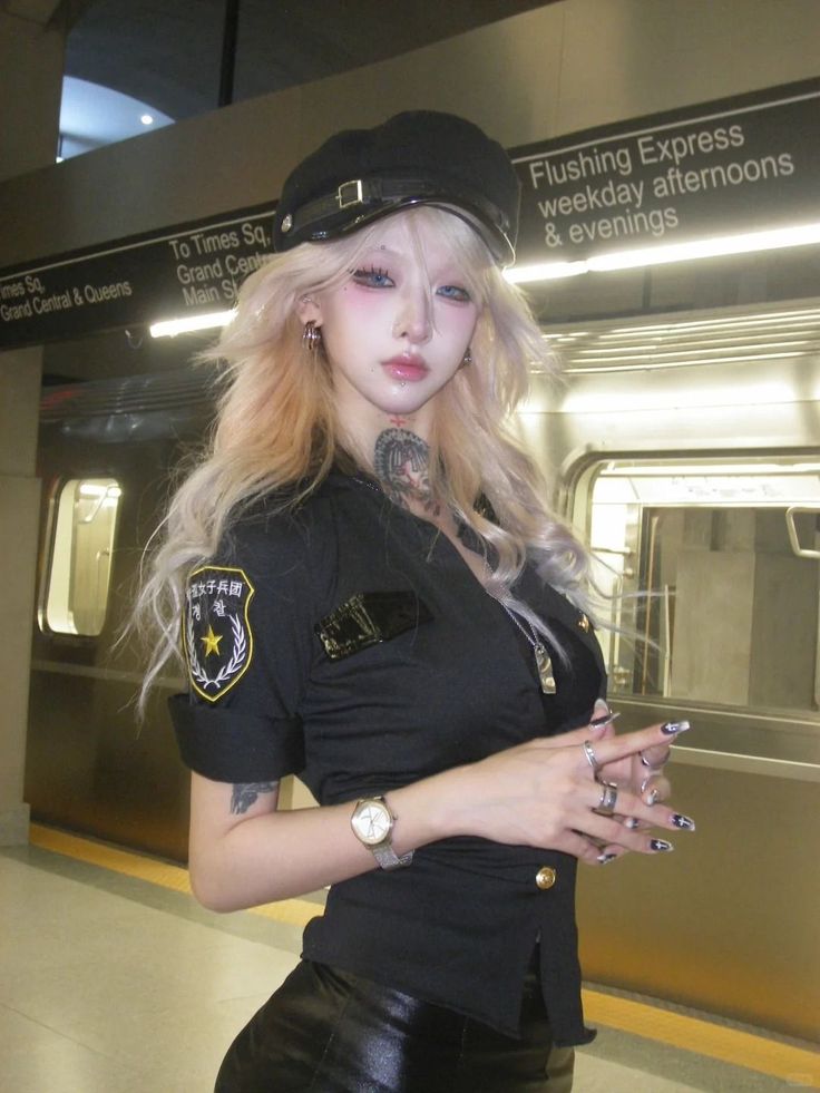 Woman in a police uniform and hat with long blonde hair at a subway station