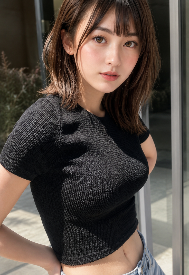 Woman with short brown hair in a black top and jeans outdoors