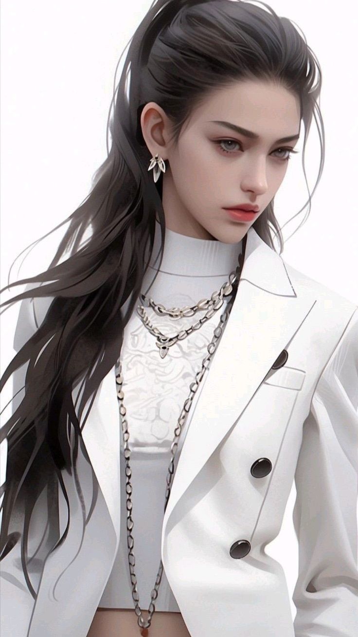 Illustration of a woman with long dark hair wearing a white blazer and necklaces