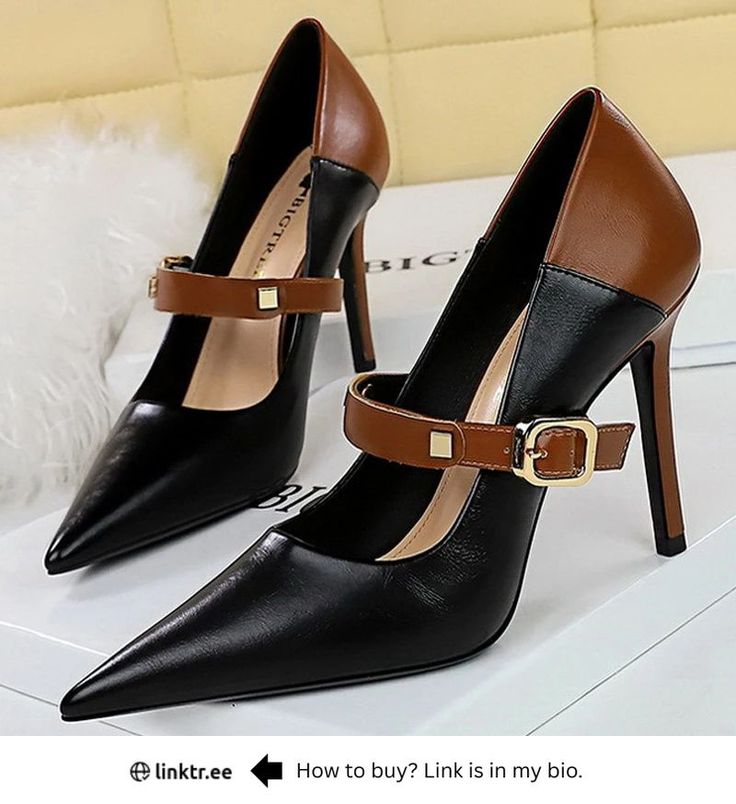 Pair of brown and black high heels with ankle straps
