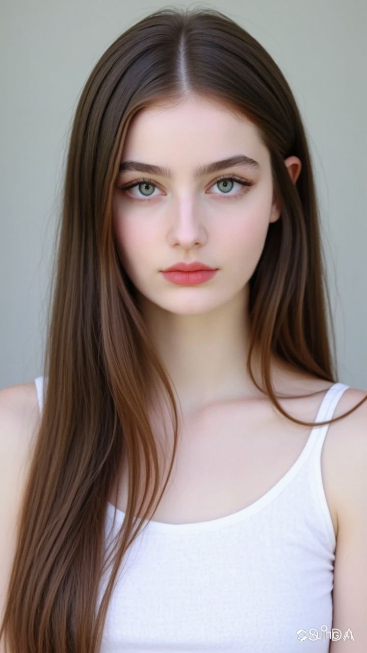 Woman with long brown hair and green eyes wearing a white tank top