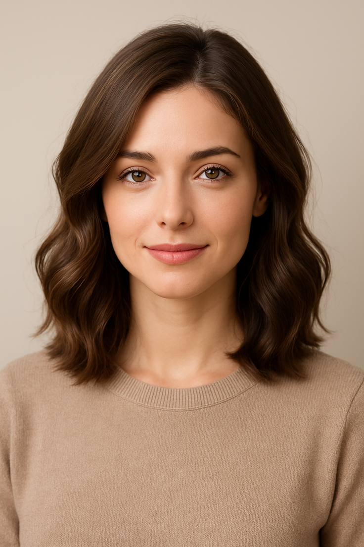 Woman with wavy brown hair and brown eyes in a portrait shot