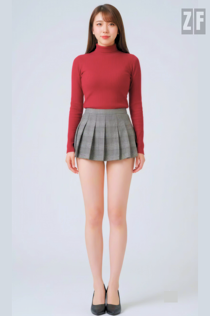 Woman in a red turtleneck and plaid pleated skirt posing in a studio