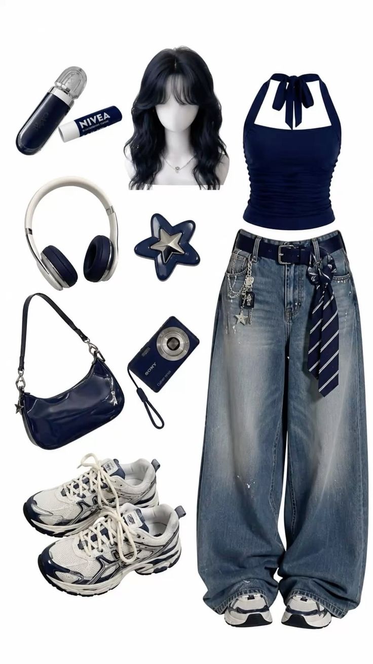 Flat lay of a blue and white fashion outfit with accessories