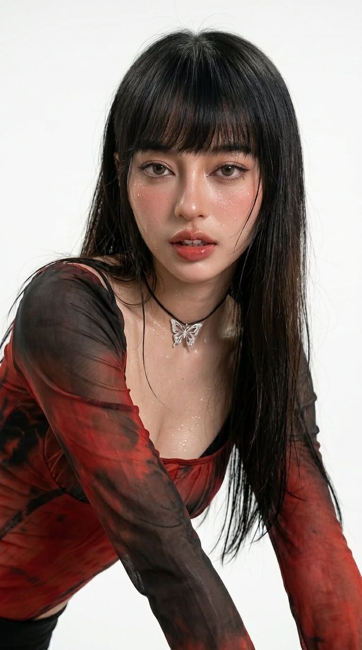 Woman with wet skin and long black hair wearing a sheer top and butterfly necklace