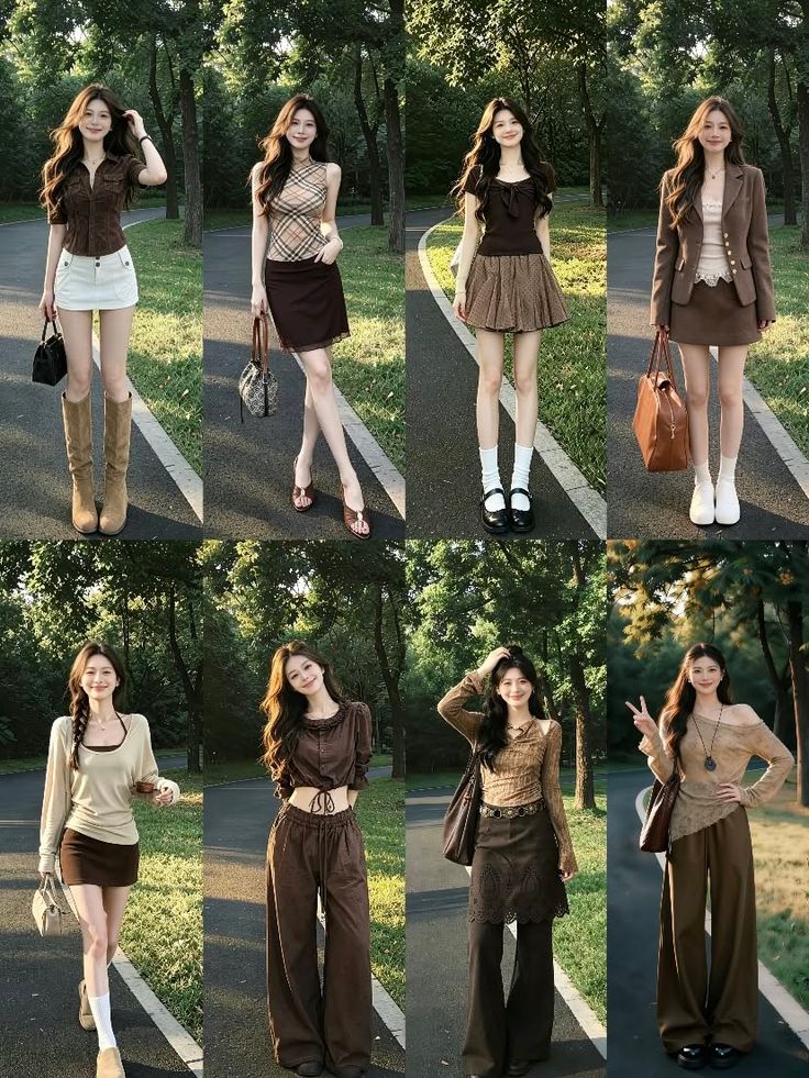 Eight women in various brown and neutral-toned outfits walking on a path