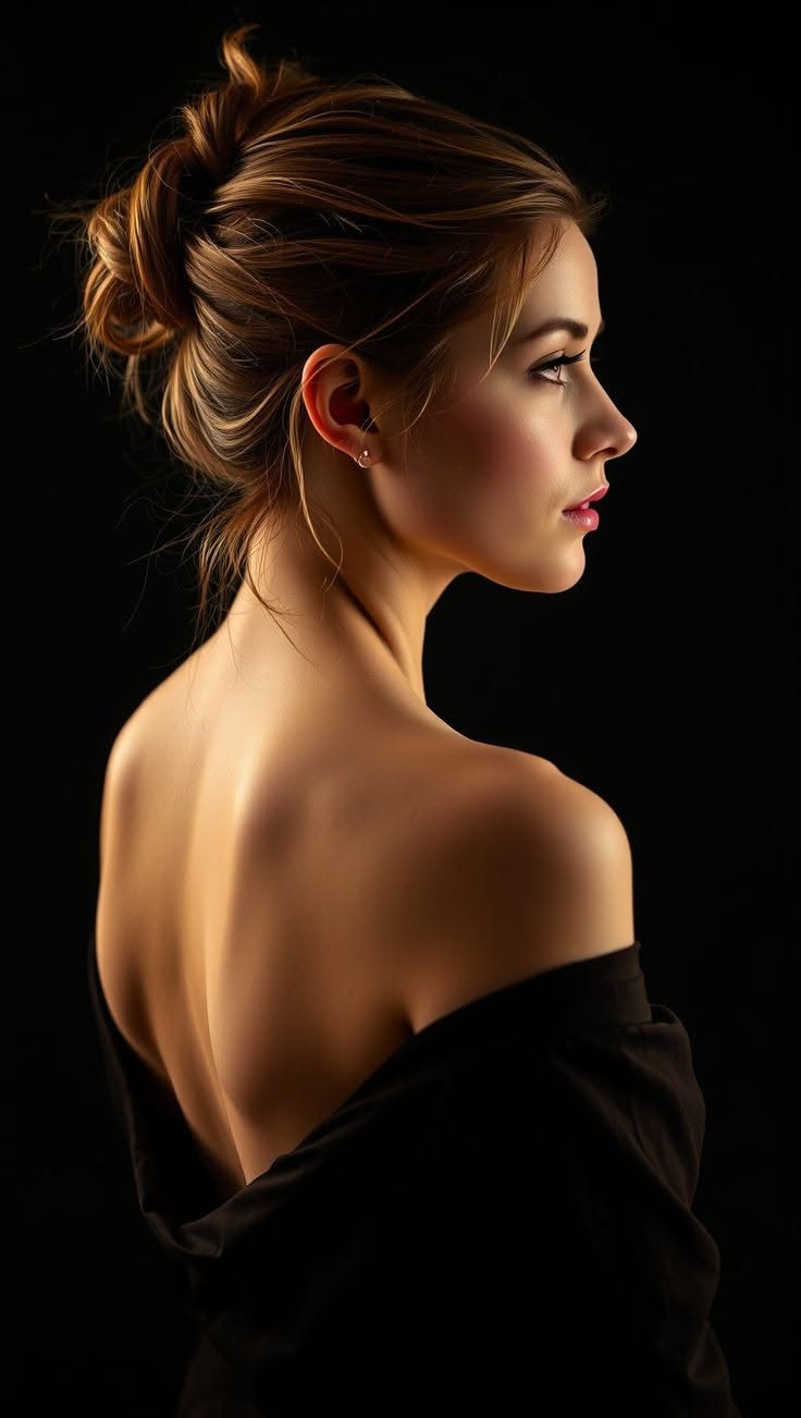 Woman with an updo and bare shoulders against a dark background
