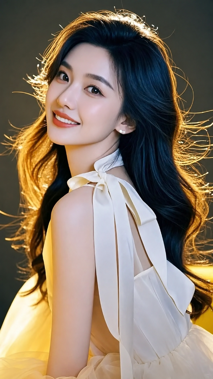 Woman with long dark hair in a white dress with a bow, smiling at the camera