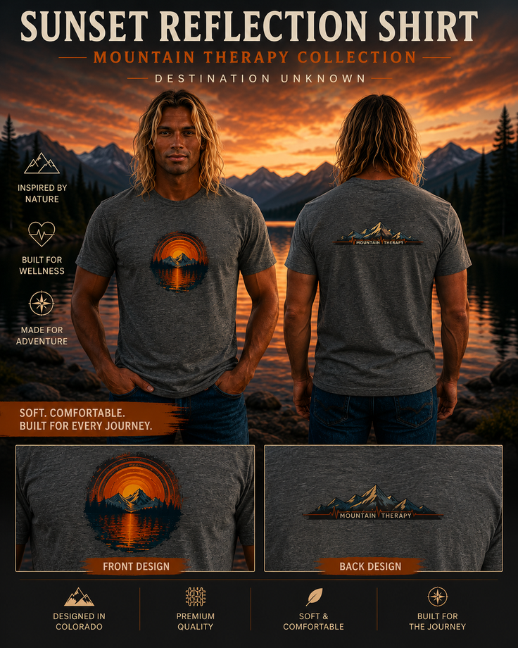 Man modeling a t-shirt with a sunset mountain lake graphic, front and back view