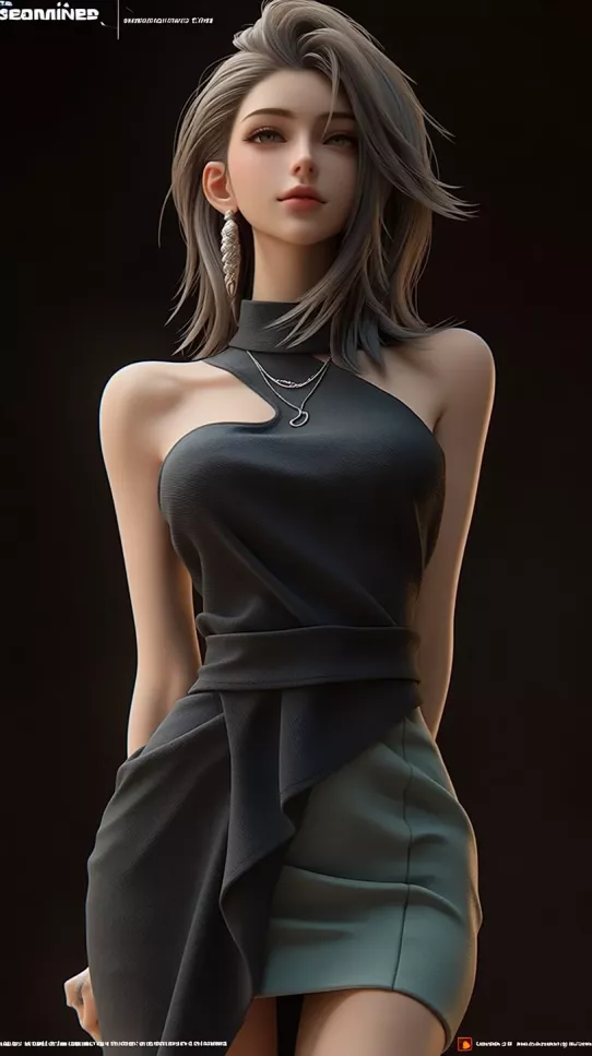 3D render of a woman with long hair wearing a black dress and jewelry