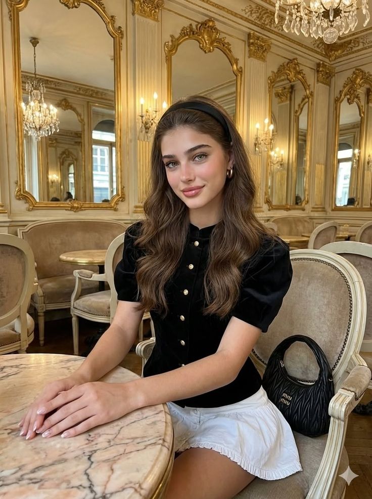 Woman with long brown hair in a black top and white skirt in an ornate cafe