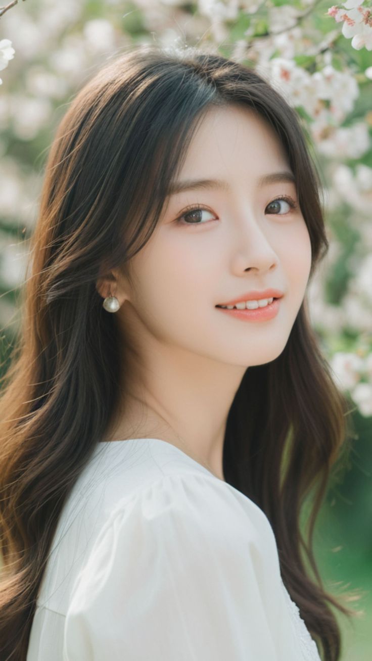Woman with long hair and pearl earrings smiling outdoors with soft lighting