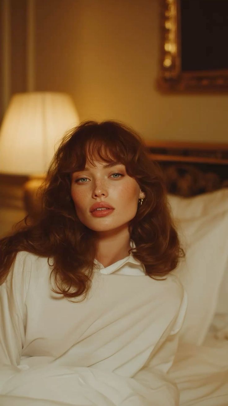 Woman with red hair and freckles in a white shirt in a warm-toned bedroom