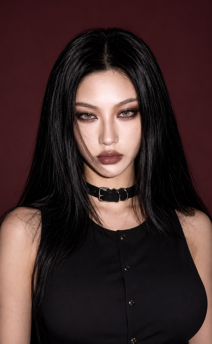 Woman with long black hair and dark makeup wearing a choker and black top