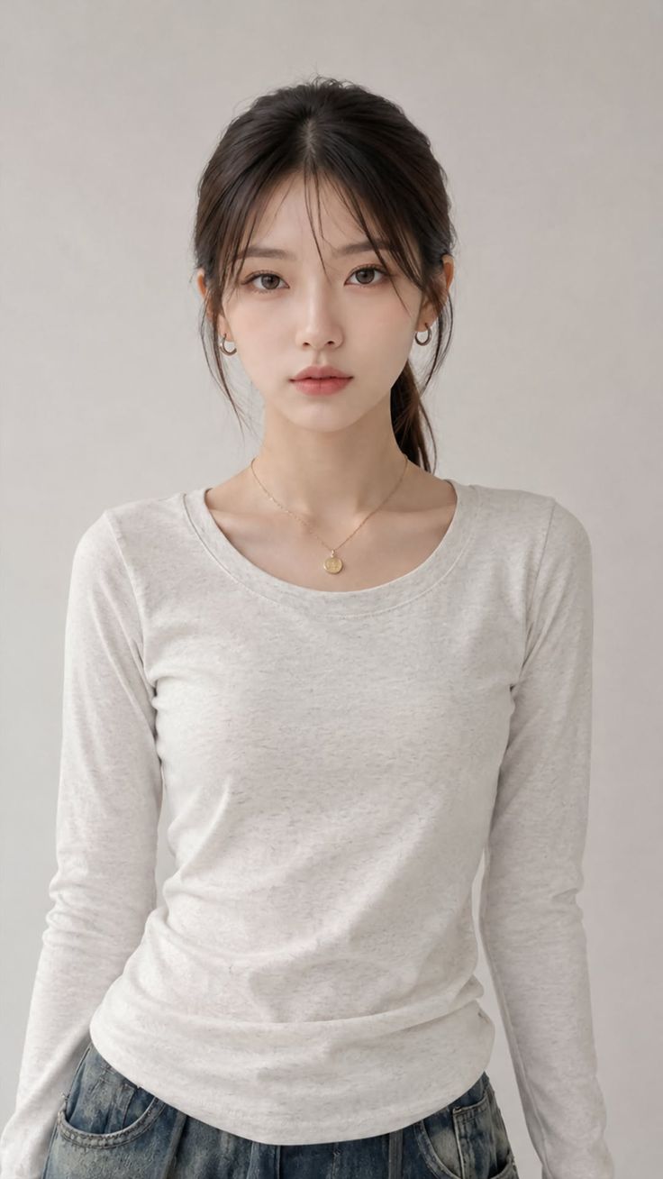 Woman with a ponytail wearing a long sleeve shirt and jeans indoors