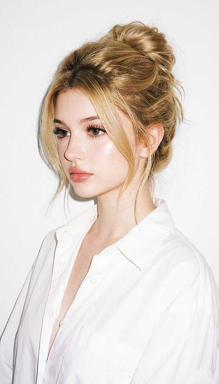 Woman with blonde hair in a messy bun wearing a white shirt