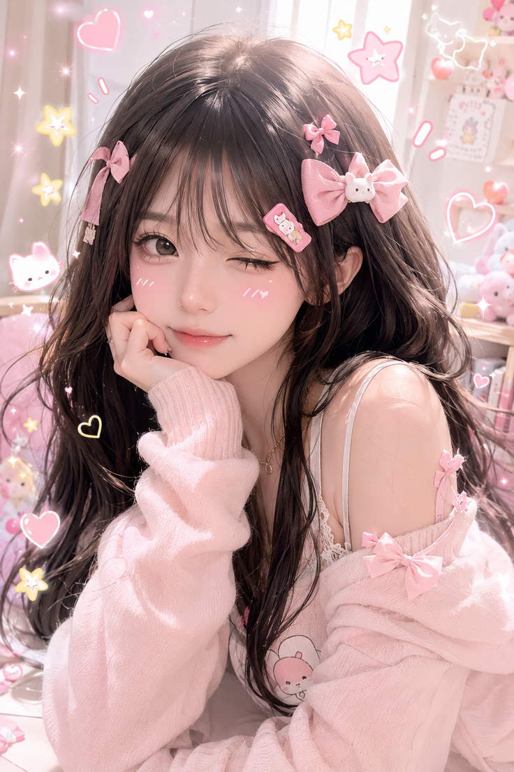Anime style girl with long hair and pink bows winking