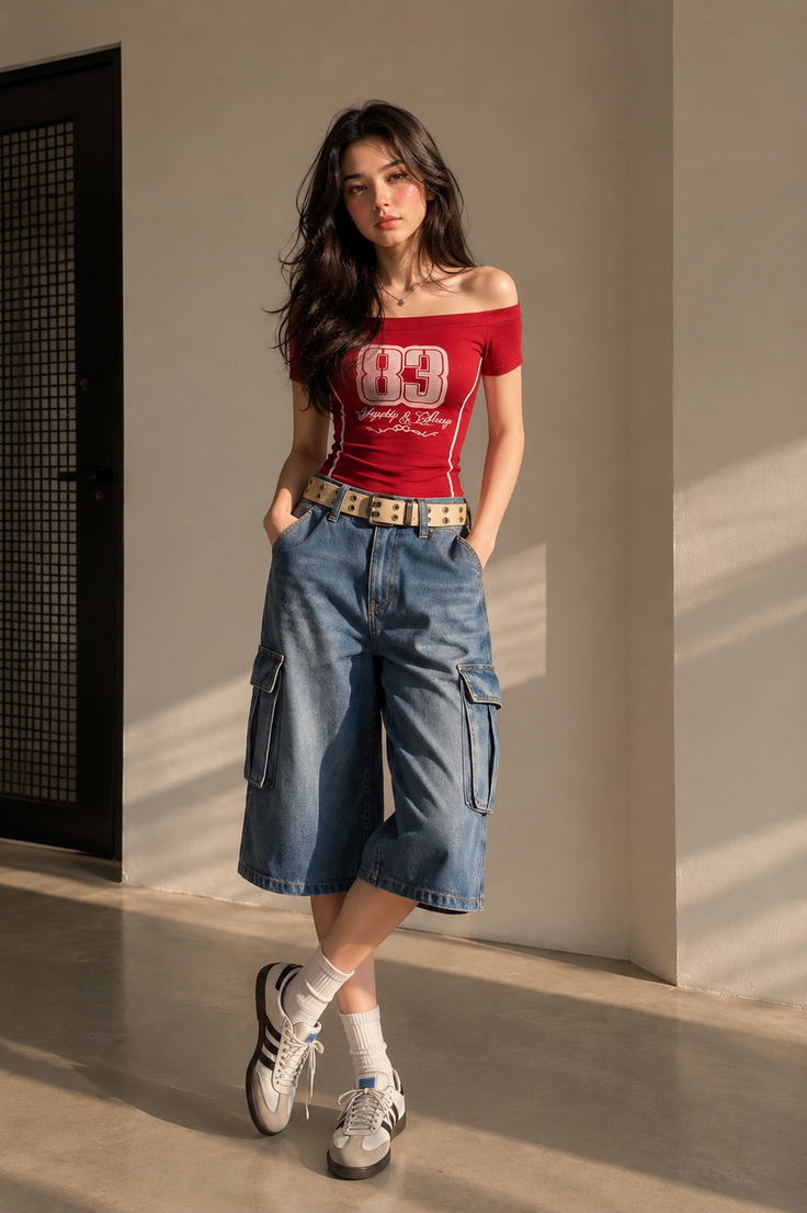 Woman with long hair wearing a red off-shoulder top and cargo pants indoors