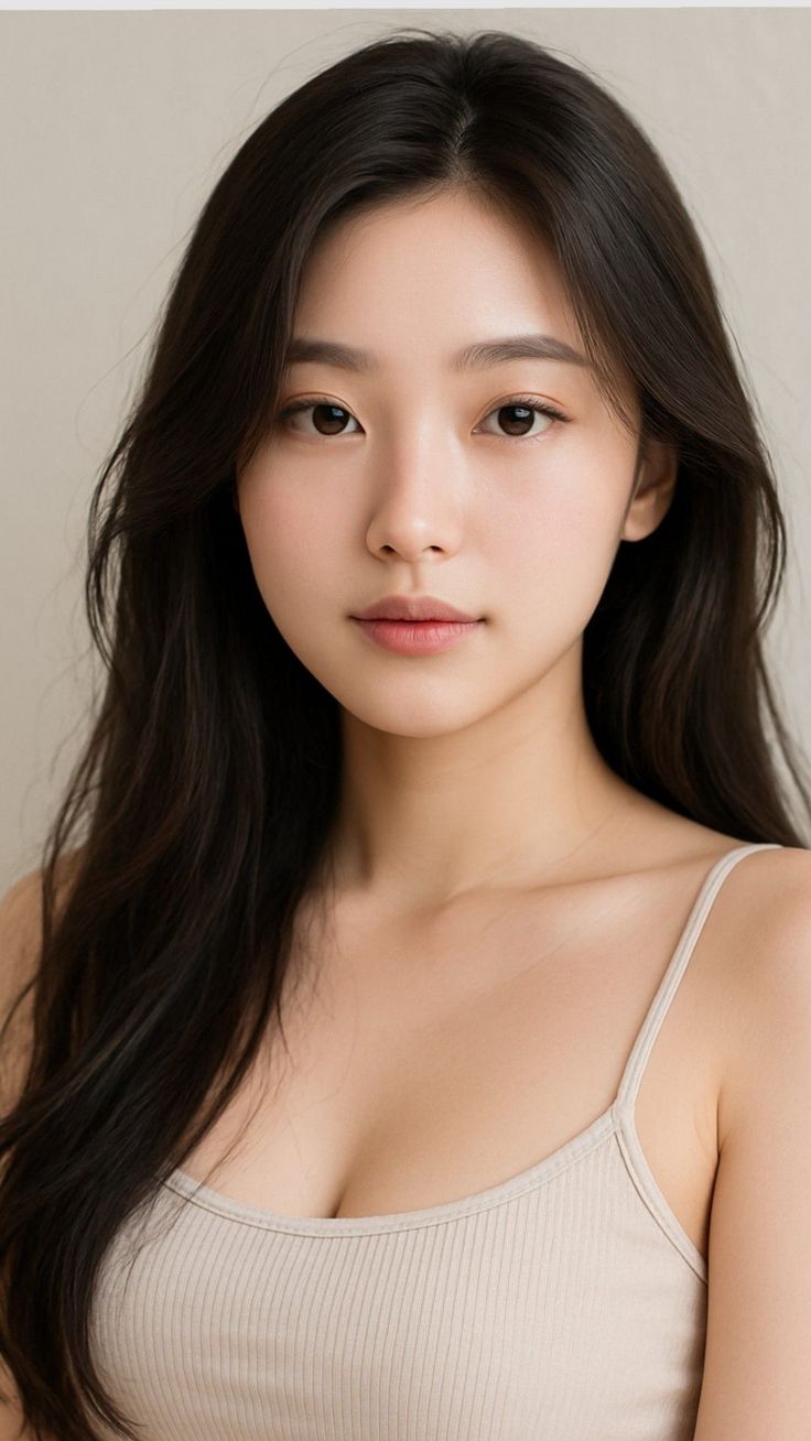 Woman with long black hair wearing a spaghetti strap top, upper body portrait