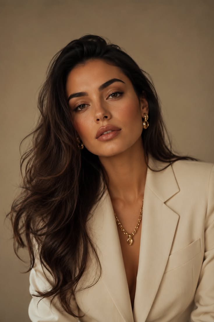 Woman with long dark hair wearing a beige blazer and gold jewelry