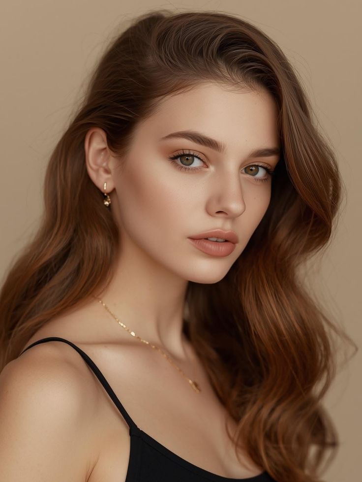 Woman with long wavy hair and green eyes wearing a black top and gold jewelry