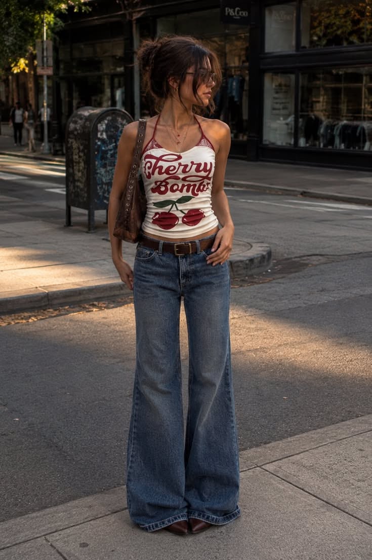 Woman in a halter top and flared jeans standing on a city street