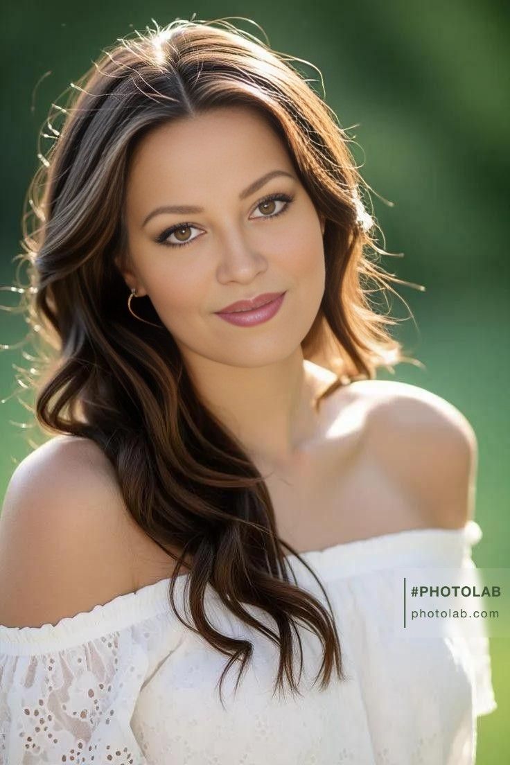 Woman with long brown hair wearing an off-shoulder top outdoors