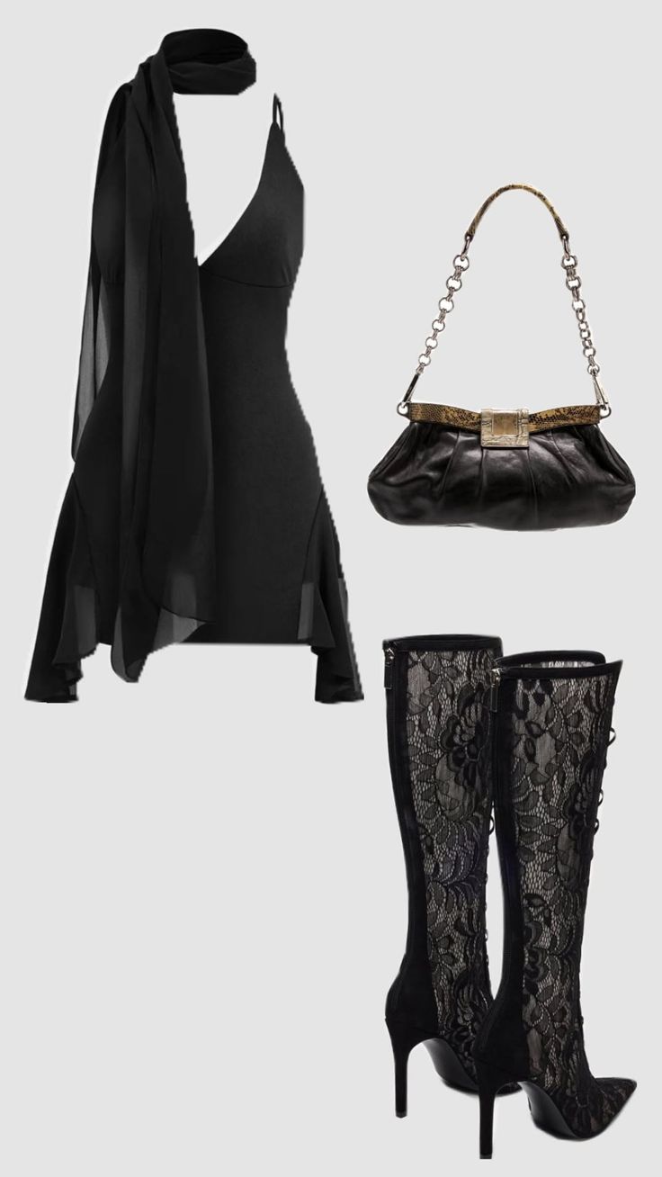 Black dress with sheer fabric, lace boots, and a shoulder bag