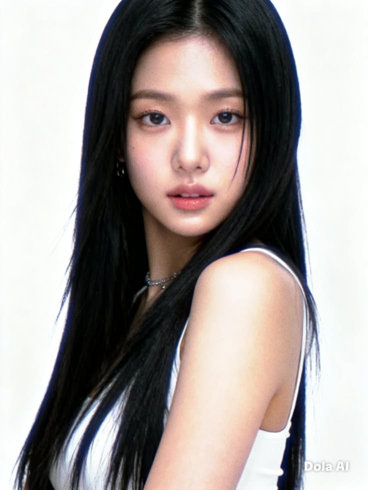 Woman with long black hair wearing a white top and choker, looking at the camera