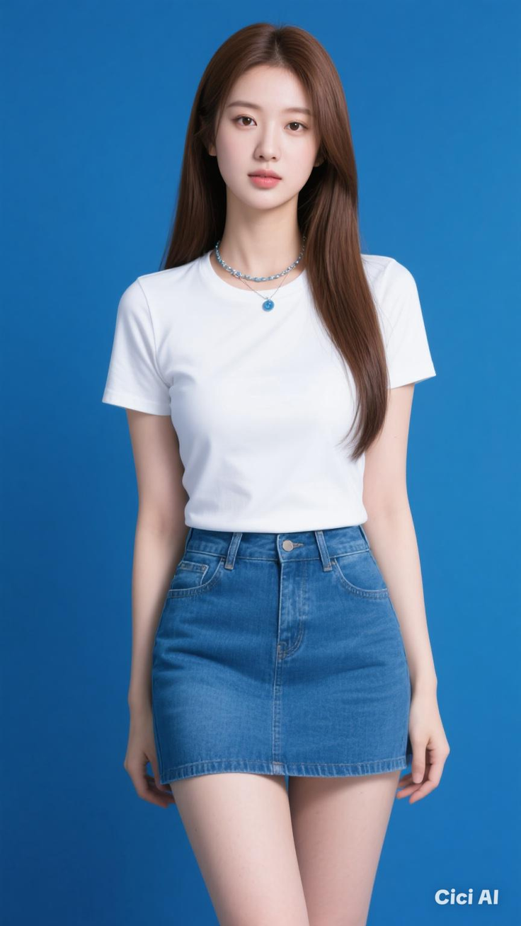 Woman with long brown hair wearing a white t-shirt and denim skirt against a blue background