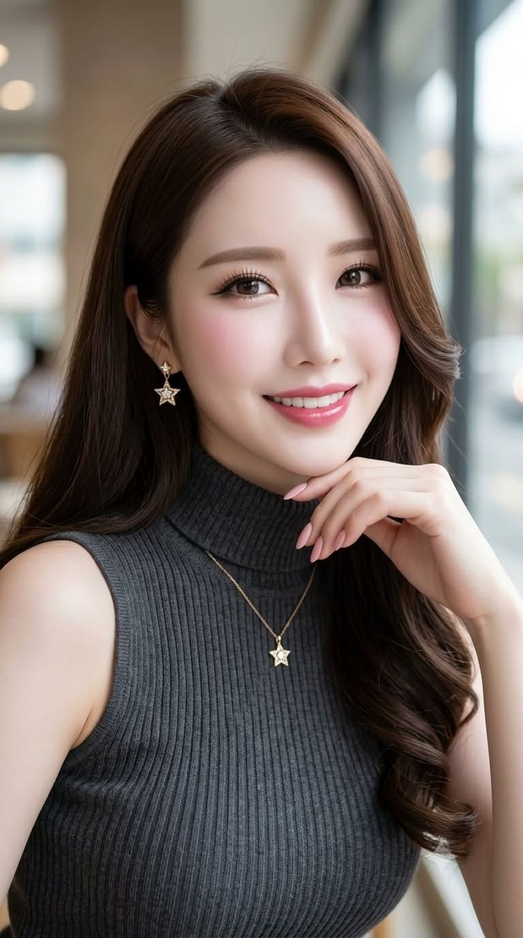 Woman with long brown hair wearing a sleeveless top and star jewelry