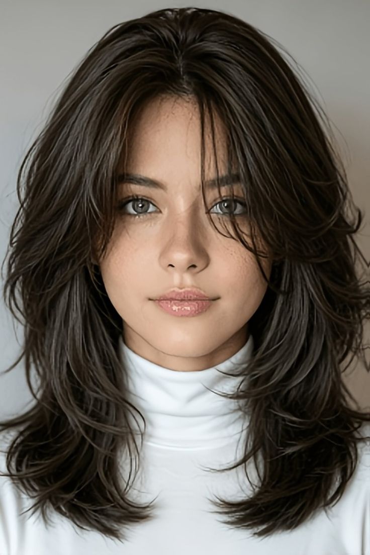 Woman with dark layered hair wearing a white turtleneck