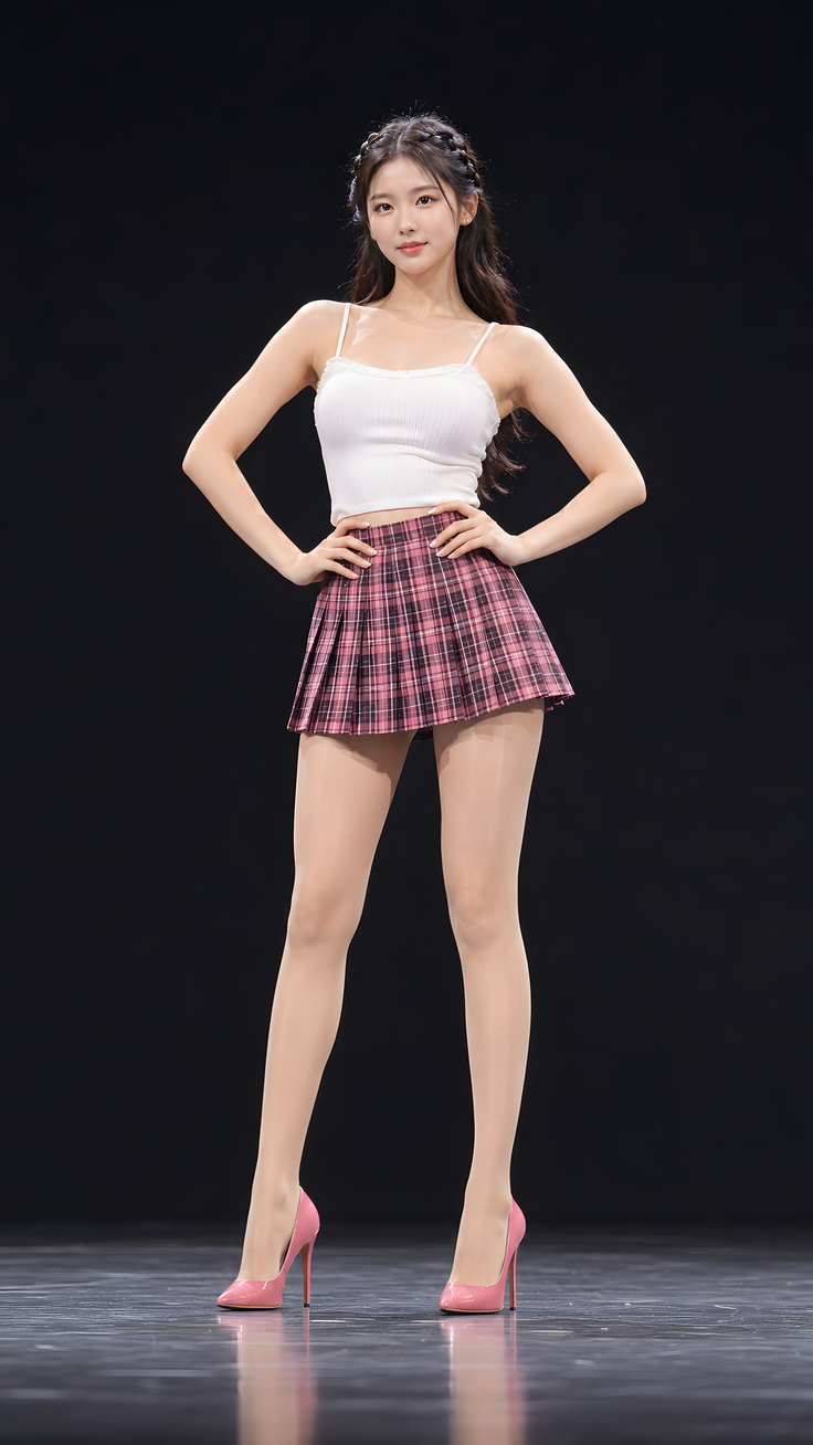 Woman in a white tank top and pink plaid skirt with braided hair