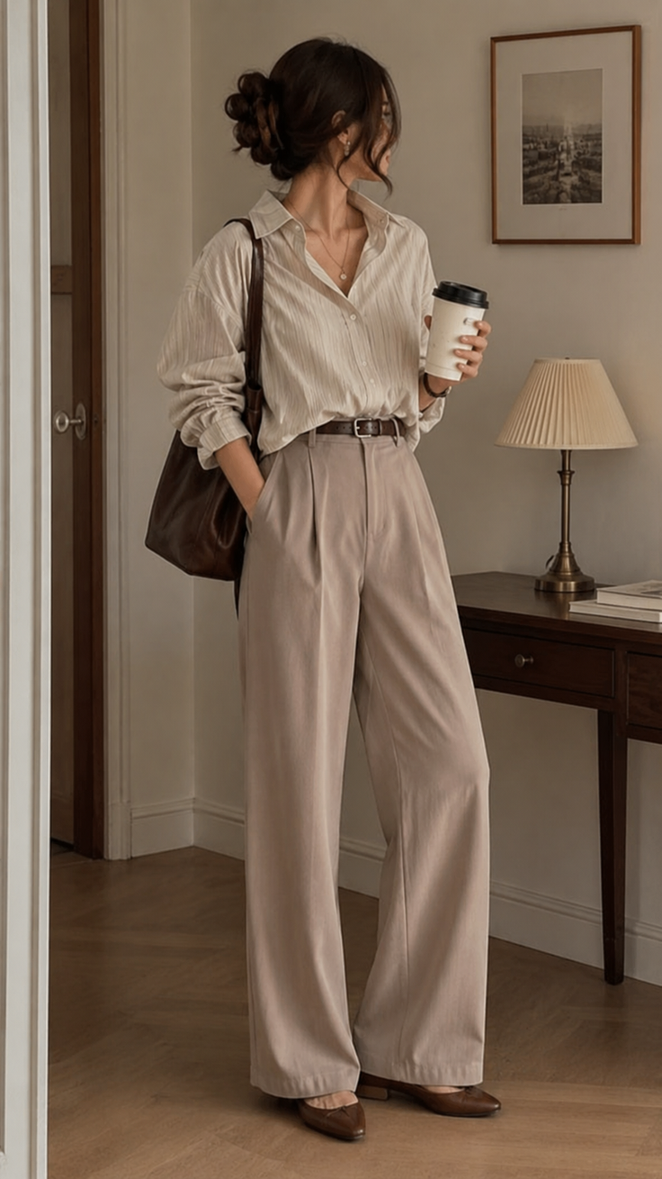 Woman in a striped shirt and wide leg pants holding a coffee cup indoors