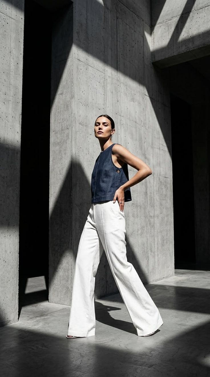 Woman in a denim top and white pants posing against concrete walls with dramatic lighting