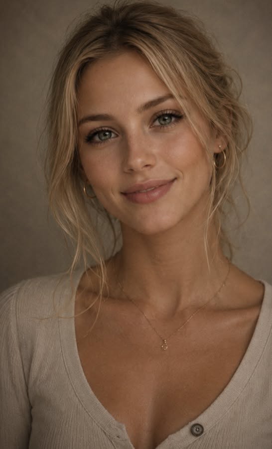 Blonde woman with green eyes wearing a light top and gold jewelry