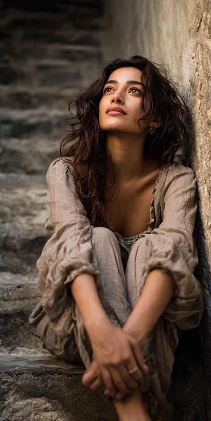 Woman with long wavy hair in a peasant dress sitting on stone steps