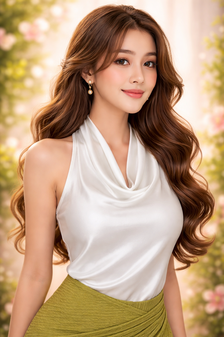 Woman with long wavy hair wearing a white halter top and green skirt