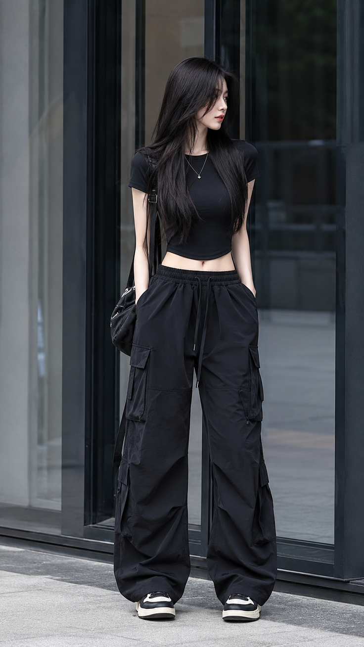 Woman with long black hair wearing a black crop top and cargo pants outdoors